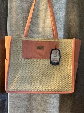 Coral-Trim Woven Tote Bag